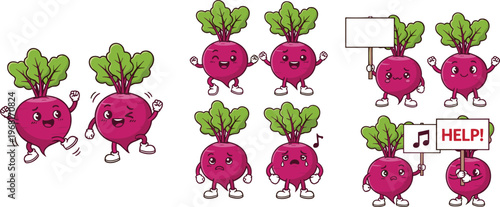 Cute Beetroot Characters Set with Emotions, Kawaii Vegetable Cartoon Collection