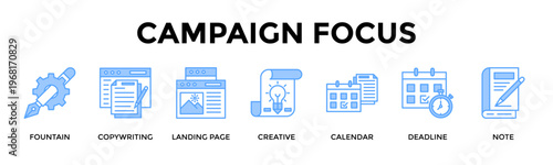 Campaign Focus Banner Web Icon Set Collection Pack Vector Illustration Concept For Build Focused Campaigns From Concept Writing To Conversion Ready Launch