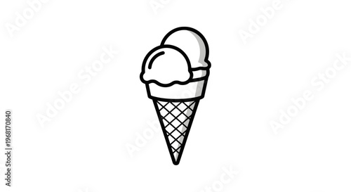 A simple, black and white ice cream cone with two scoops