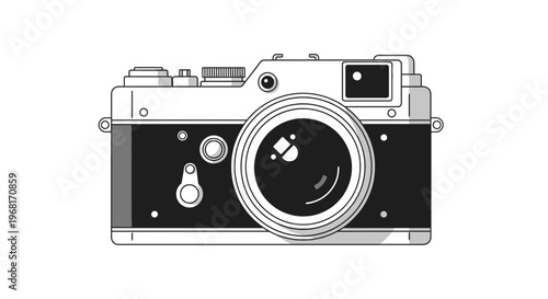 Simple, stylized illustration of a vintage camera. Black and white, front view