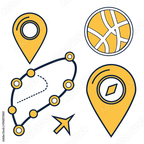 Travel navigation icons set with map pins route path compass and abstract globe for trip planning and direction finding vector illustration.