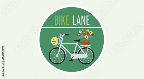 A bike illustration in a green circle displays a smiley headlamp and flowers