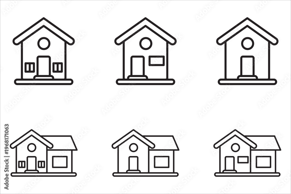 Fototapeta premium A collection of homepage icons for websites and apps. Simple house symbols. Flat real estate signs. Homepage pictograms in filled, thin line, outline, and border styles. Isolated illustrations.
