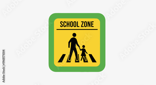 A school zone road sign featuring a parent and child crossing a crosswalk