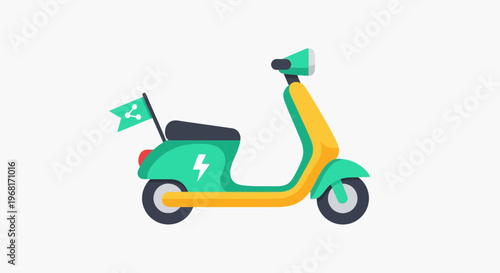 A stylized teal and yellow electric scooter with a flag, lightning bolt, and dark gray elements