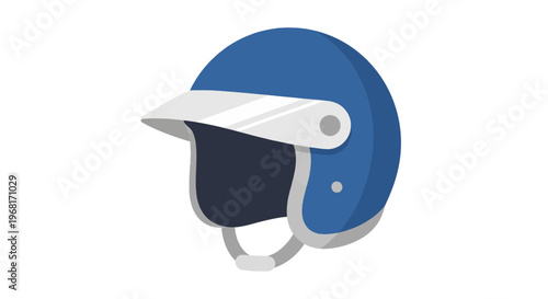 A blue helmet with a visor, chin strap, and dark interior. Flat design on a white background