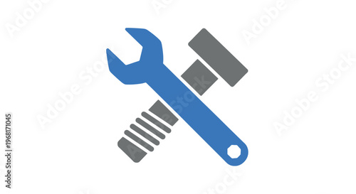 A blue wrench and gray hammer cross on a white background, representing repair and tools