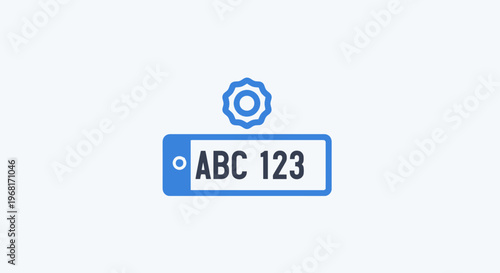 Digital image features a blue license plate with white text and a stylized badge above