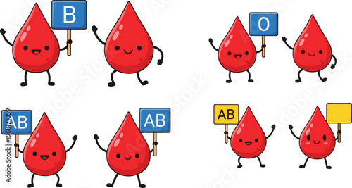 Cute Blood Drop Characters with Blood Type Signs, ABO Group Cartoon Illustration Set