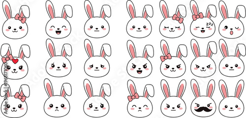 Cute Bunny Emoji Faces Collection with Different Emotions and Expressions, Kawaii Rabbit Icons Set for Chat and Social Media Vector Illustration
