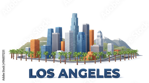 Wallpaper Mural Stylized Los Angeles Cityscape with Skyscrapers and Palm Trees, 3D Rendered Illustration Torontodigital.ca