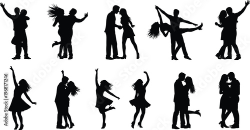 Romantic couple and solo dance silhouettes showing expressive poses, embraces, lifts, and elegant movements highlighting intimacy and graceful choreography