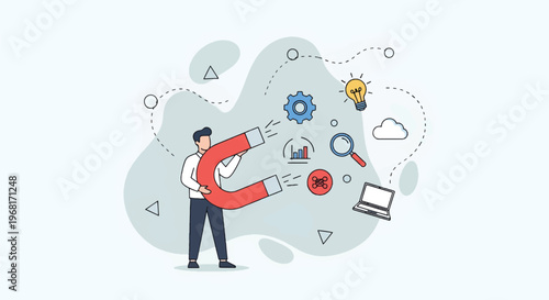 A man is attracting various business and technology related objects with a large magnet in a modern flat vector illustration.