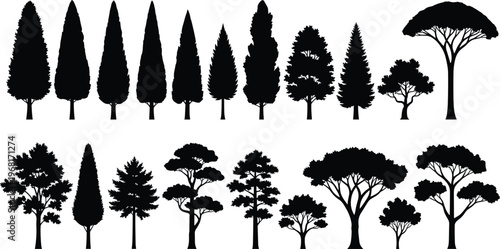 Collection of black tree silhouettes featuring various species like pine cypress and oak isolated on white background for landscape design and architectural visualization projects.