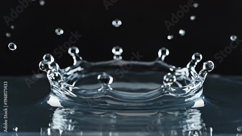 A clear water splash forms a crown-like shape against a dark background