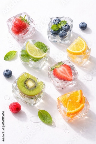 Fresh fruits frozen in ice cubes on minimal background