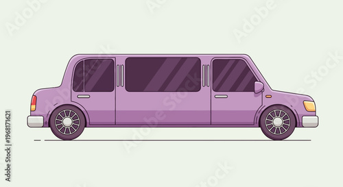 A vector illustration depicts a lavender-colored limousine on a light green background