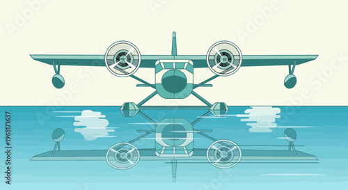 Illustration of a seaplane, its reflection in water. Sky with clouds, simple style