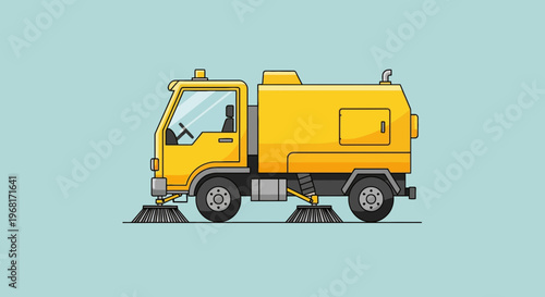 A yellow street sweeper, side view, with brushes and a cabin, on a light blue background