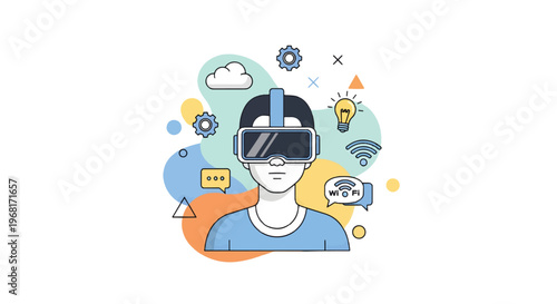 A person wearing virtual reality goggles surrounded by floating icons and symbols in a modern digital environment with technology and internet elements.
