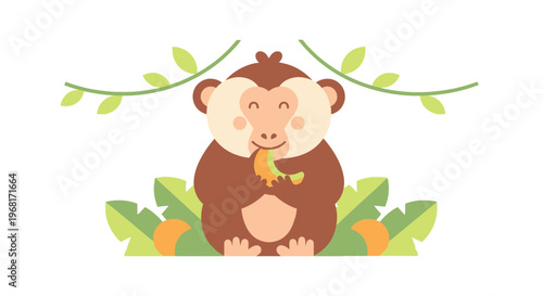 A cheerful cartoon monkey eats a banana, surrounded by stylized jungle foliage