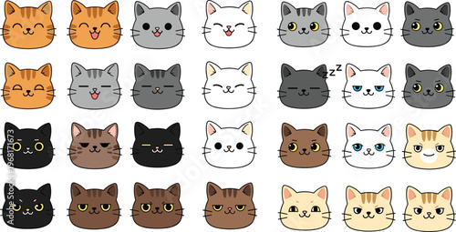 Cute Cat Emoji Faces Collection with Different Colors and Expressions, Kawaii Kitten Icons Set for Chat and Social Media Vector Illustration