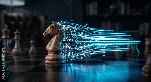 Wooden chess knight moving with digital pixel light trails, digital transformation and business agility concept