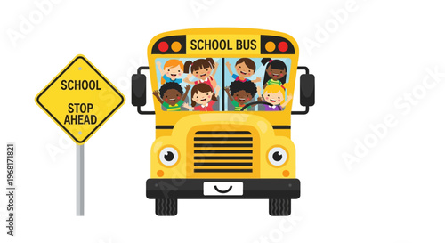 Cartoon of a yellow school bus with happy children, alongside a "School Stop Ahead" sign