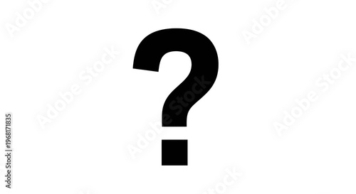 A bold, black question mark sits centered on a stark white background