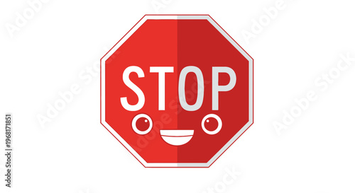 A friendly cartoon stop sign with eyes, smile, and white text on a white background