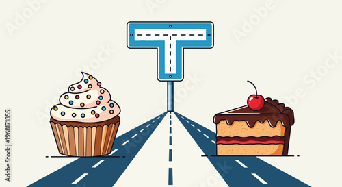 A cupcake and a cake face off on a divided road under a 'T' intersection sign