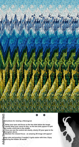 Optical illusion stereogram with hidden 3D shape of a mountain goat climbing a steep slope, with instruction.