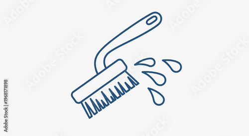 A dark blue outline of a scrubbing brush with water droplets on a white backdrop