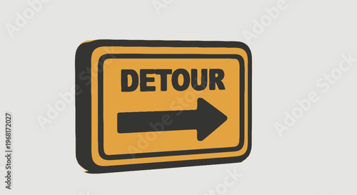 A 3D rendered detour sign, yellow background with a black border, arrow points right