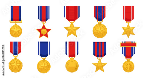Collection of gold medals and stars.