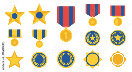 Collection of gold and blue award medals.