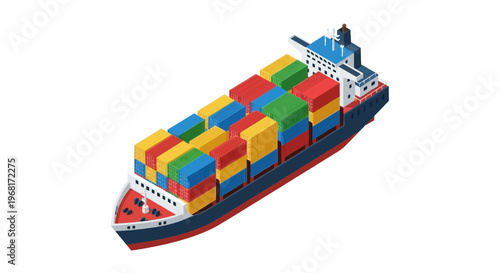 Isometric illustration of a cargo ship carrying colorful shipping containers