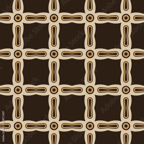 Seamless vector geometric pattern with repeating cross-shaped ornaments in beige and brown tones. Abstract retro tile design suitable for wallpaper, fabric, textiles, wrapping paper and backgrounds.
