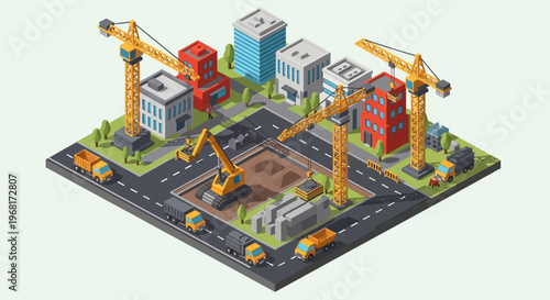 Isometric city construction site with cranes, buildings, and vehicles.