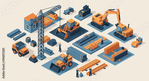 Isometric illustration of a construction site with various heavy machinery, building materials, and workers, depicting the industrial process of development.