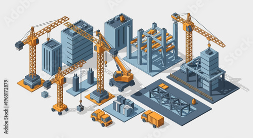 Isometric illustration of a construction site with various building stages, cranes, and heavy machinery.