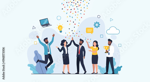 A modern flat vector illustration shows a group of business people celebrating with confetti and symbols floating around in an office environment from a side viewpoint.