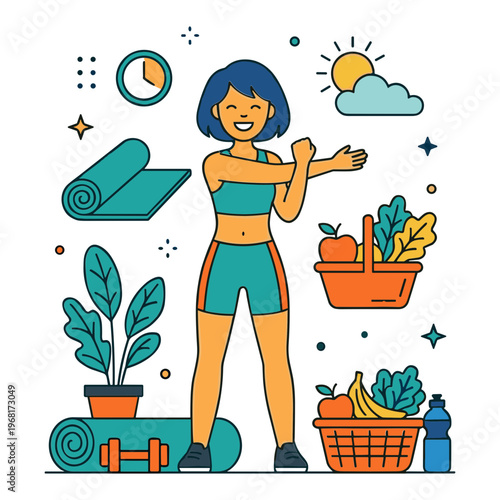 Woman exercising outdoors with fitness gear and healthy food around her