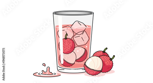 Refreshing lychee fruit drink illustration with ice cubes and ripe peeled lychees creating a sweet splash on a white background a delightful