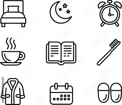 Daily routine icons, sleep, moon, alarm clock, coffee, book, toothbrush, bathrobe, calendar, slippers, lifestyle, relaxation, home, comfort, hygiene, planning, 