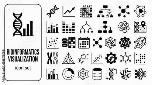 Bioinformatics Visualization Bold Line Icons-Sequence Alignment Phylogenetic Protein Domain Gene Ontology Volcano Plot GWAS-20 Bioinformatics Icon Set Vector - Computational Biology Icons