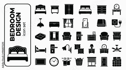 Bedroom Design Bold Line Icons-King Bed Headboard Bedside Table Wardrobe Double Door Chest of Drawers Dressing Table Pendant Light Blackout Curtain-15 Bedroom Design Icon Set Vector - Interior Icons