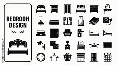 Bedroom Design Bold Line Icons-King Bed Headboard Bedside Table Wardrobe Double Door Chest of Drawers Dressing Table Pendant Light Blackout Curtain-15 Bedroom Design Icon Set Vector - Interior Icons