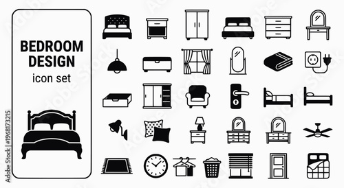 Bedroom Design Bold Line Icons-King Bed Headboard Bedside Table Wardrobe Double Door Chest of Drawers Dressing Table Pendant Light Blackout Curtain-15 Bedroom Design Icon Set Vector - Interior Icons