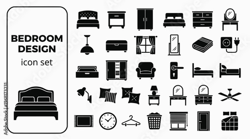 Bedroom Design Bold Line Icons-King Bed Headboard Bedside Table Wardrobe Double Door Chest of Drawers Dressing Table Pendant Light Blackout Curtain-15 Bedroom Design Icon Set Vector - Interior Icons
